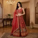 Crimson Red Embroidered Blouse and Patola Print Lehenga Set