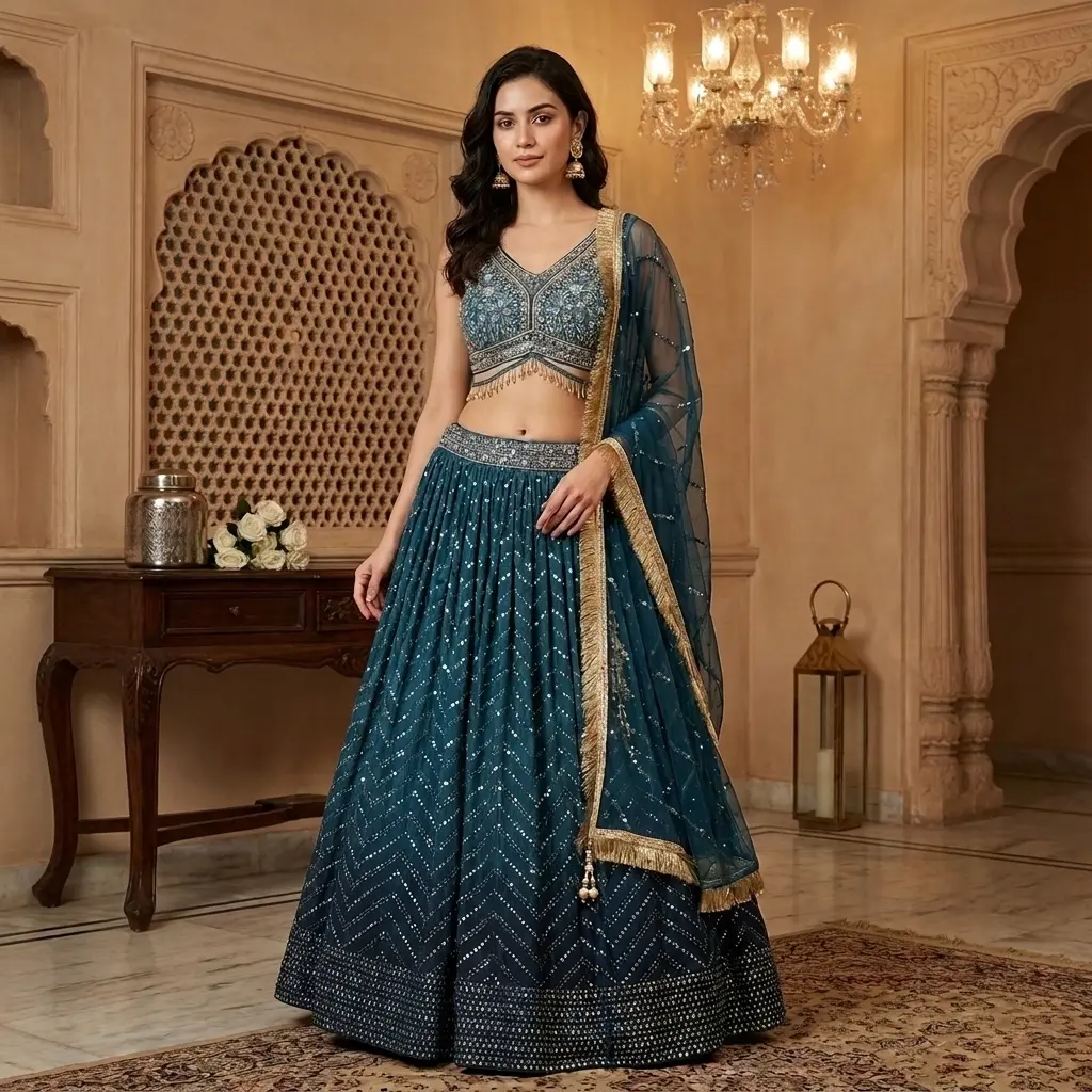 Teal Blue Sequin Embroidered Georgette Crop Top Lehenga Set