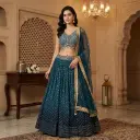 Teal Blue Sequin Embroidered Georgette Crop Top Lehenga Set