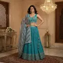 Teal Blue Embroidered Georgette Lehenga Choli Set