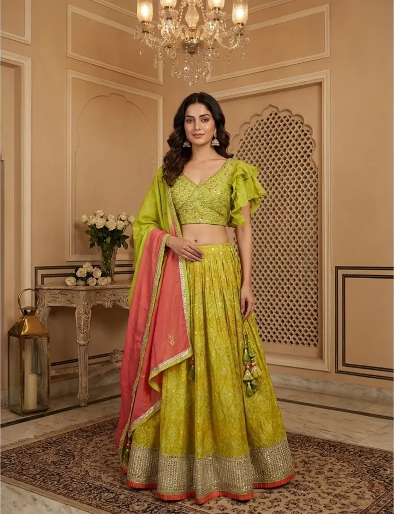 Lime Green Hand-Embroidered Ruffle Sleeve Lehenga Set