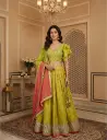 Lime Green Hand-Embroidered Ruffle Sleeve Lehenga Set