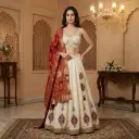 Off-White Embroidered Lehenga Set with Red Bandhani Dupatta