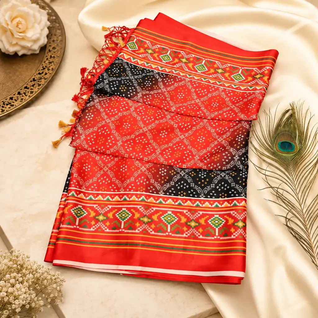 Women's Coral Red Printed Saree with Black Contrast & Ethnic Border Tassel Pallu