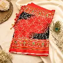 Women's Coral Red Printed Saree with Black Contrast & Ethnic Border Tassel Pallu