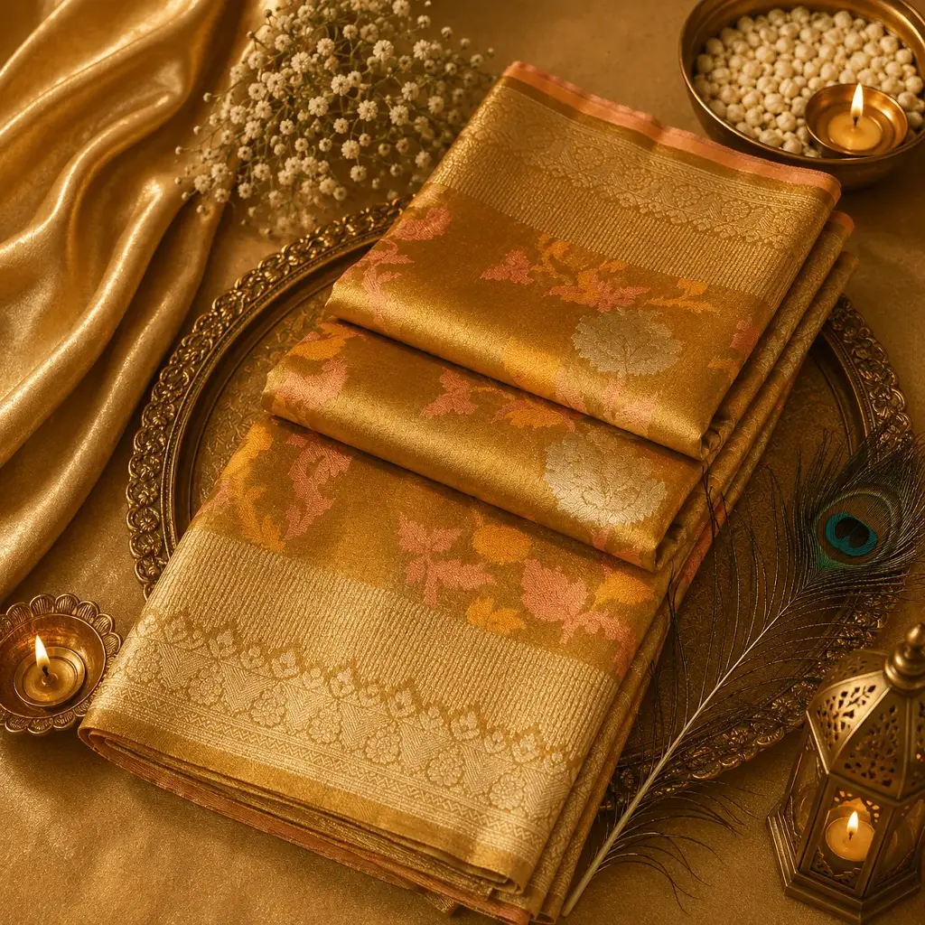 Elegant Golden Beige Banarasi Silk Saree with Pastel Floral Weave & Rich Zari Border