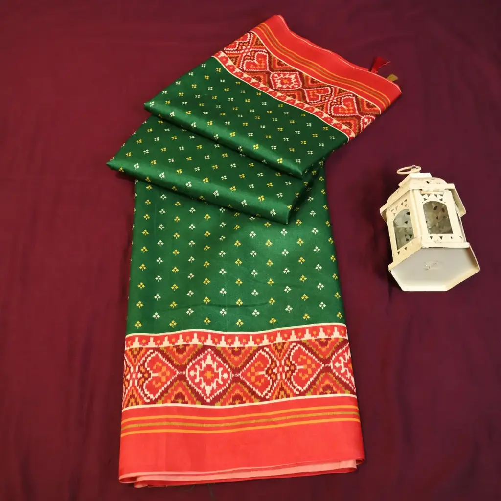 Bottle Green Saree with Red Ikat Border, Small Buti Print