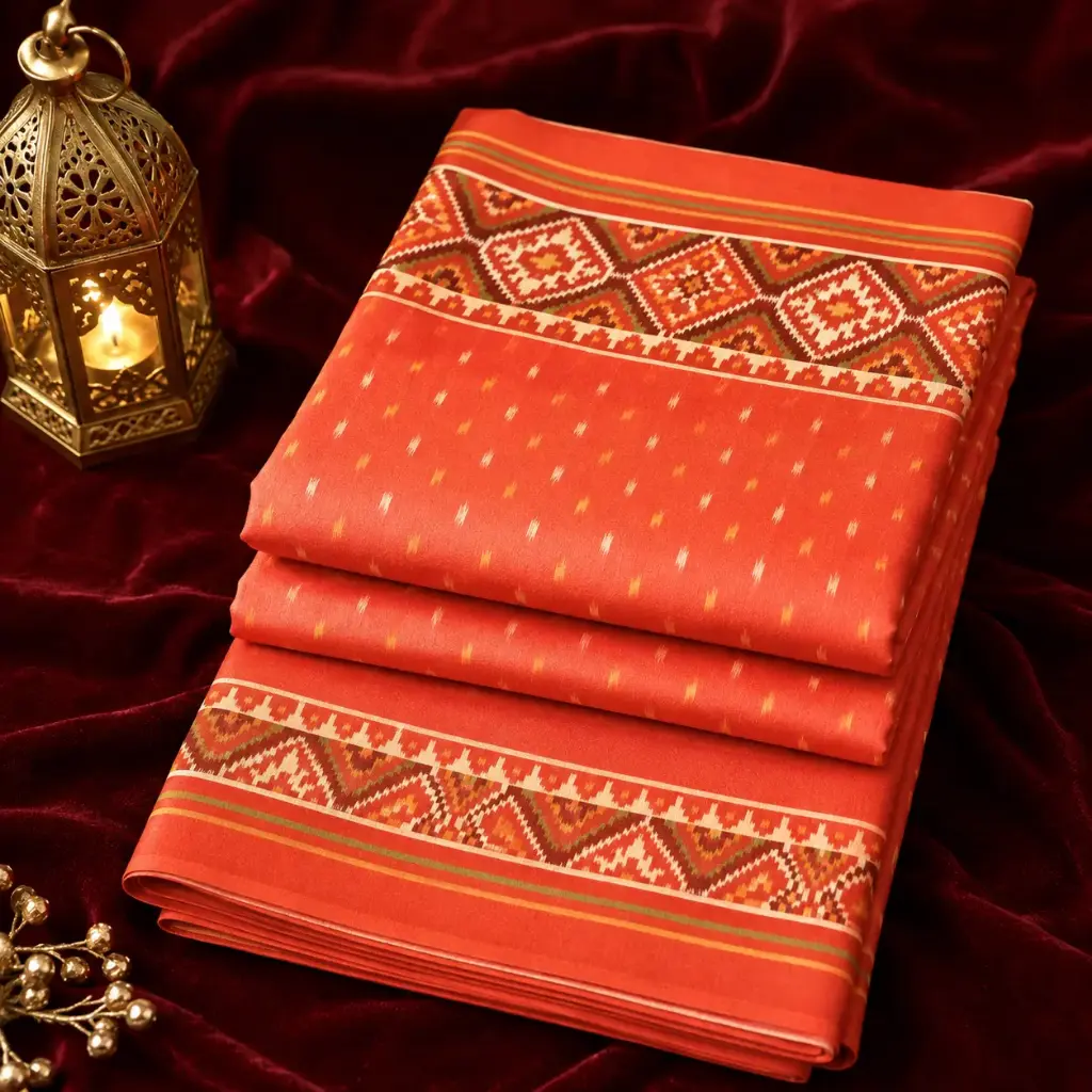 Coral Orange Ikat Print Saree with Ethnic Border