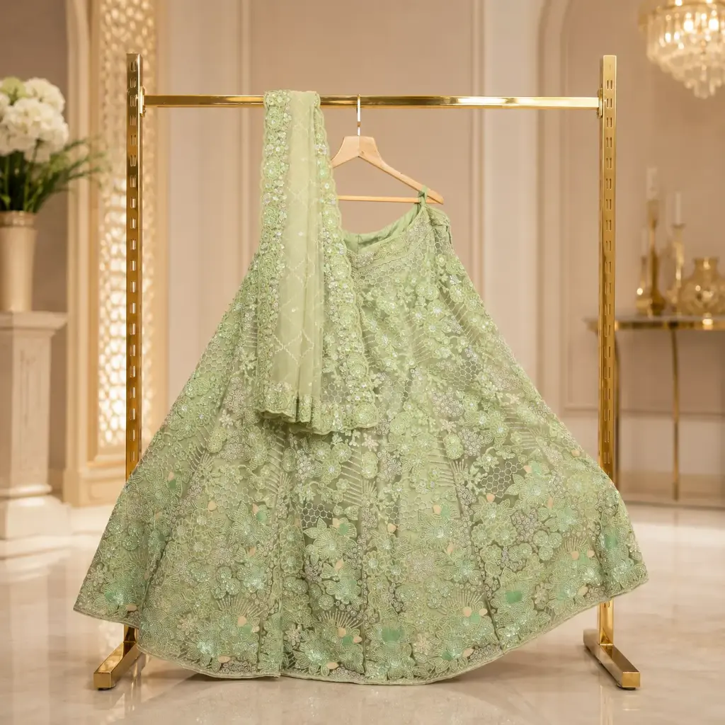 Women's Pistachio Green Lehenga Choli with Floral Sequin Work and Matching Dupatta