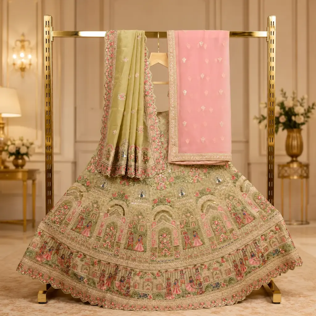 Women's Sage Green Bridal Lehenga Choli with Royal Motif Embroidery and Dual Dupatta