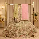 Women's Sage Green Bridal Lehenga Choli with Royal Motif Embroidery and Dual Dupatta