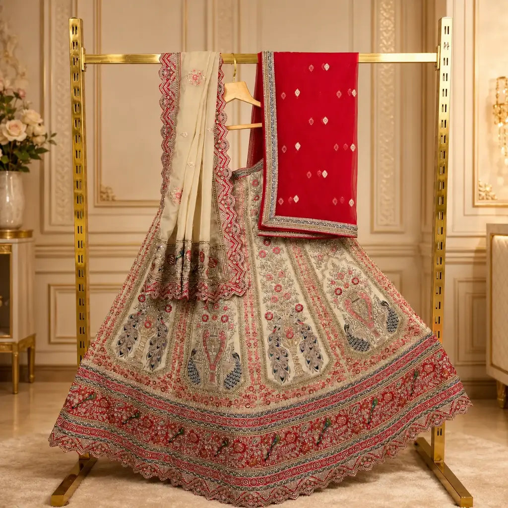 Women's Ivory Bridal Lehenga Choli with Peacock Embroidery & Red Dupatta