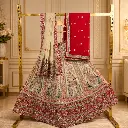 Women's Ivory Bridal Lehenga Choli with Peacock Embroidery & Red Dupatta