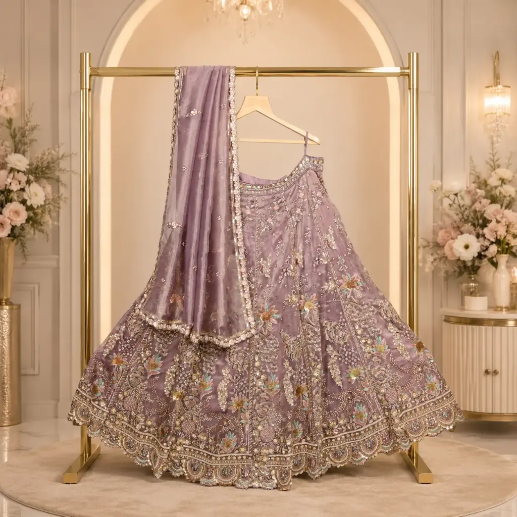 Women's Dusty Mauve Lehenga Choli with Floral Embroidery and Matching Dupatta for Wedding Party Wear