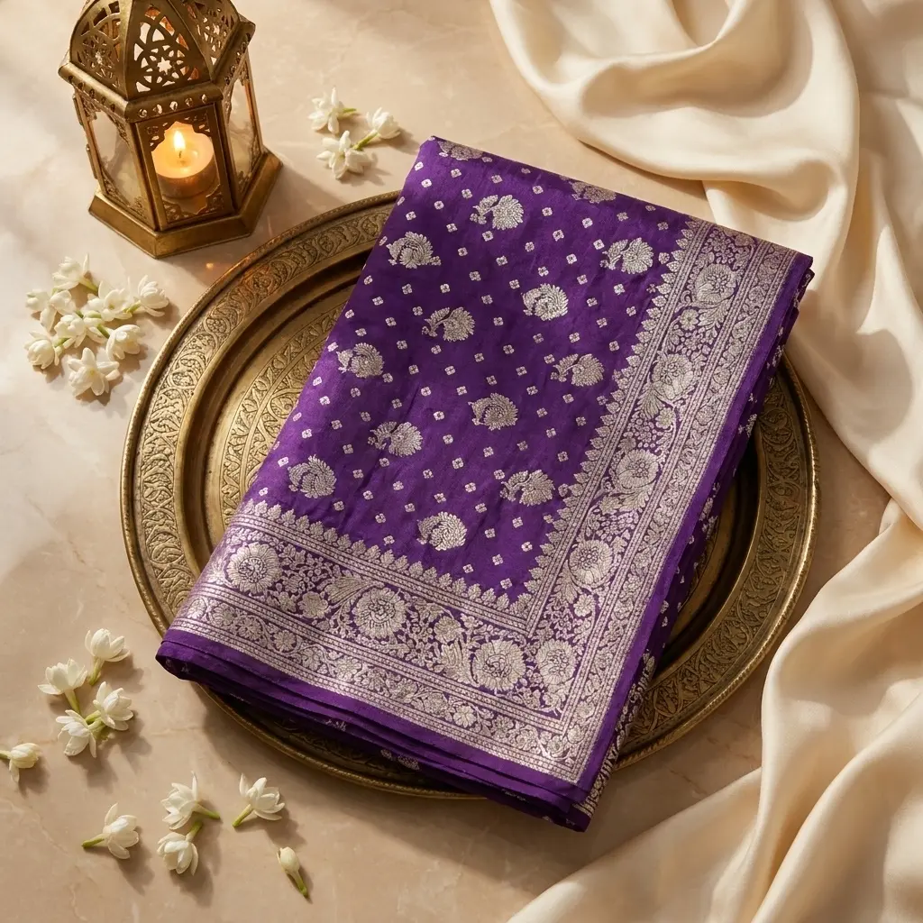 Royal Purple Bandhani Silk Saree with Banarasi Zari Border