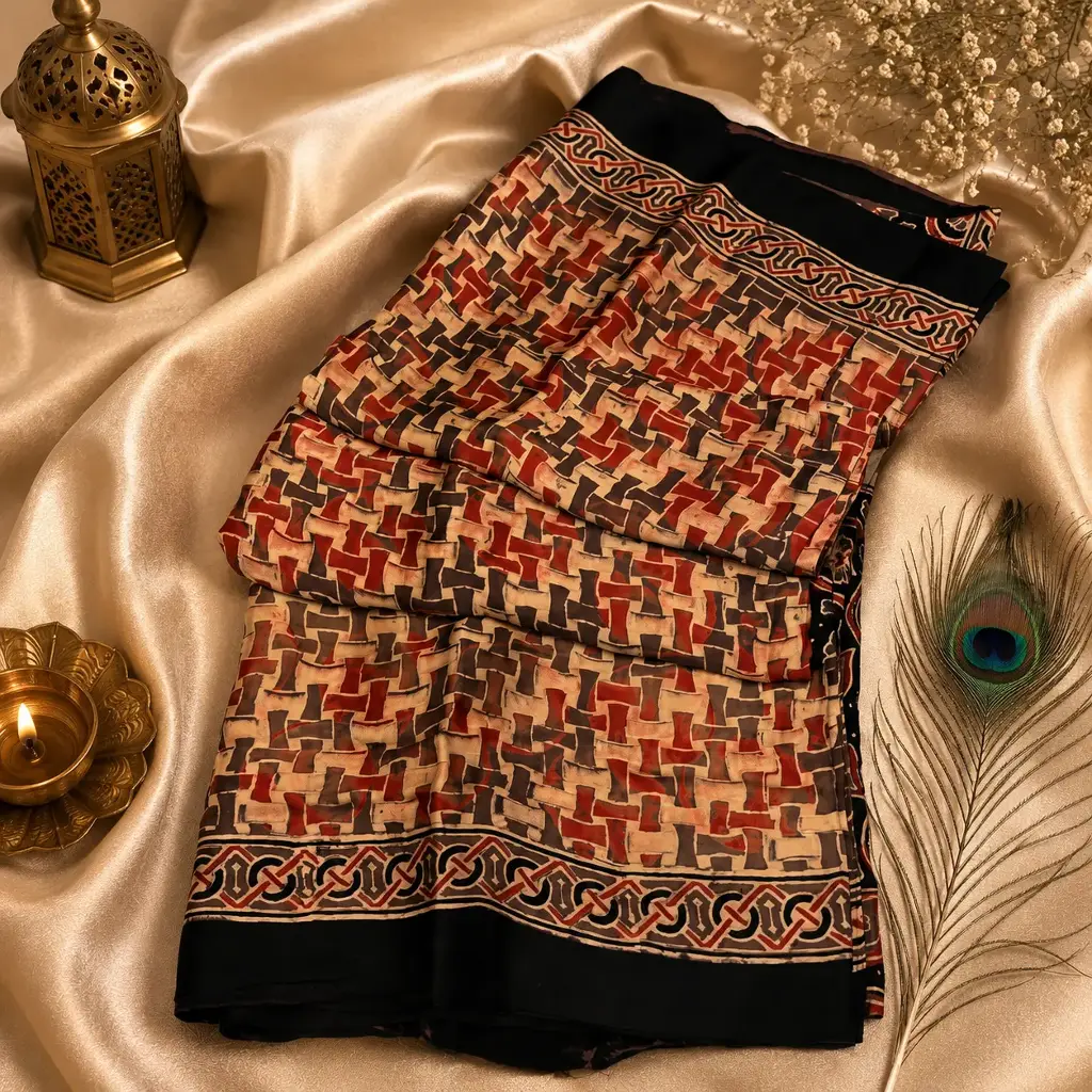 Women's Geometric Printed Black & Brown Saree with Artistic Border