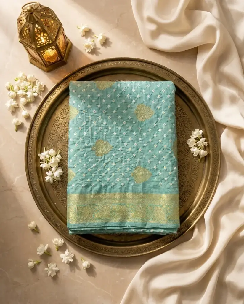 Sea Green Bandhani Silk Saree with Zari Border