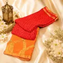 Coral Red Silk Blend Saree with Floral Print & Golden Pallu