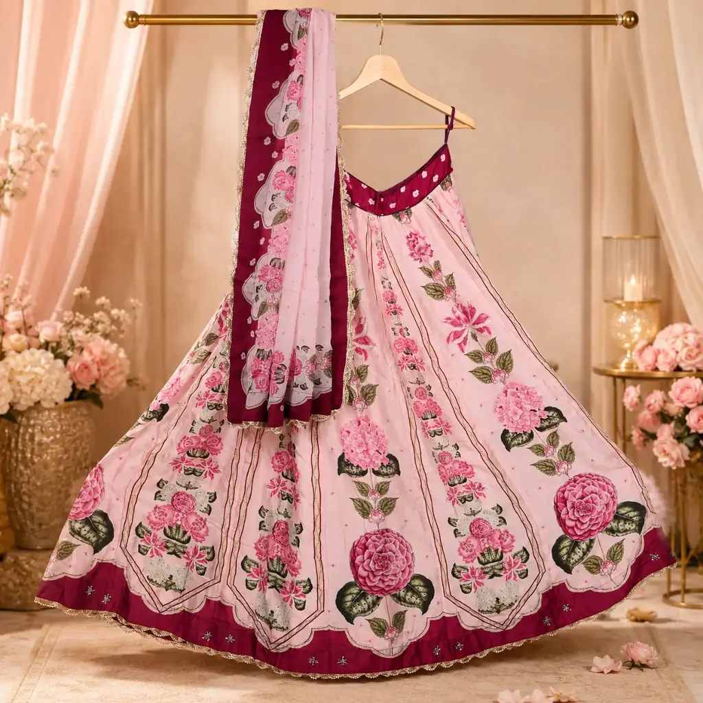 Women's Pink Floral Lehenga Choli with Maroon Border and Matching Dupatta