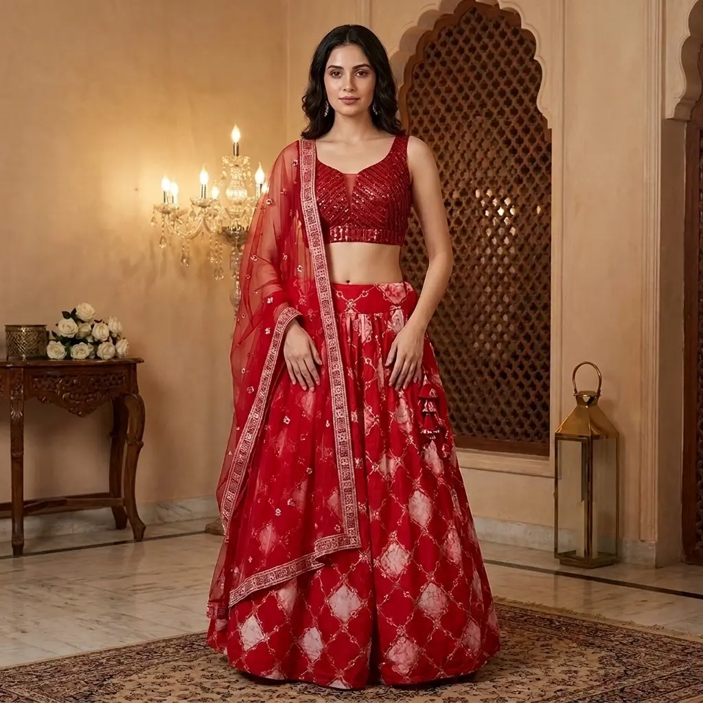Crimson Red Sequin Crop Top and Shibori Flared Lehenga Set