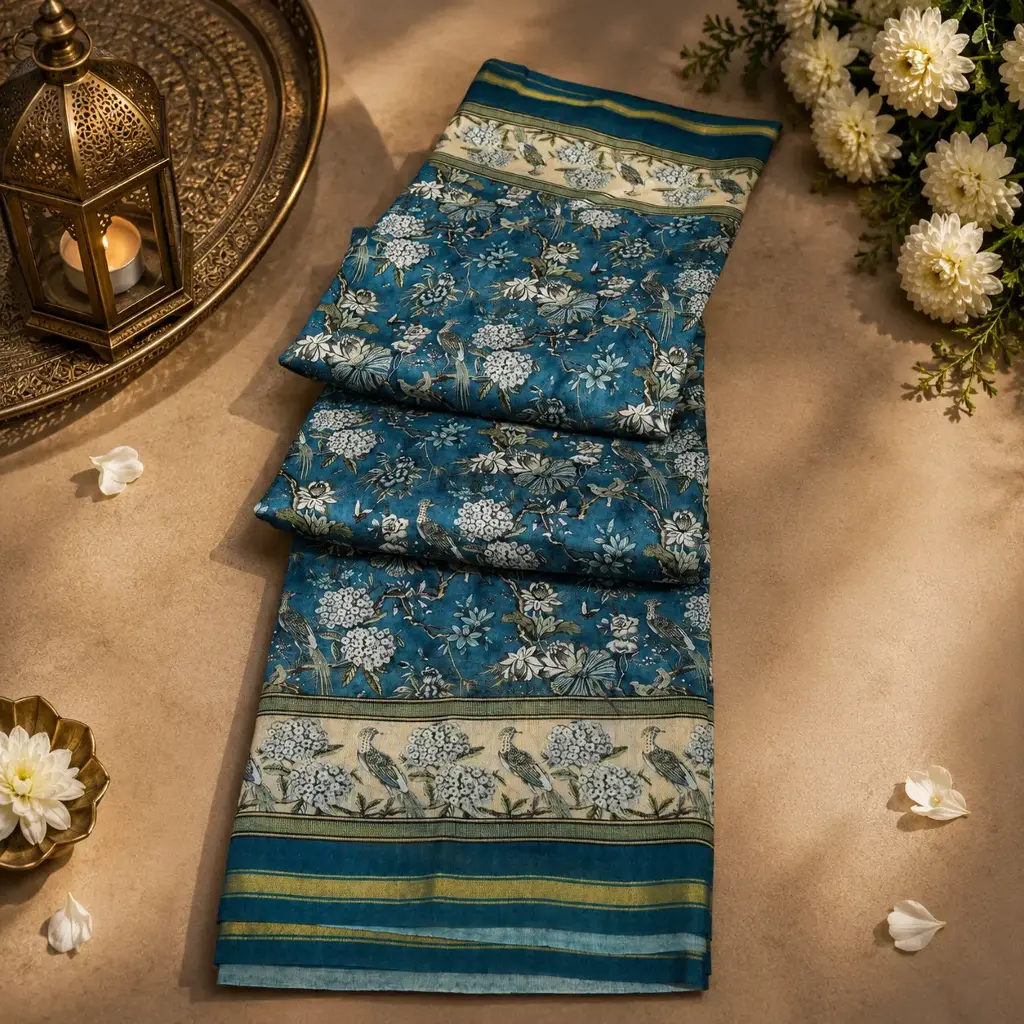 Navy Blue Floral Printed Banarasi Silk Saree with Bird Motif Border