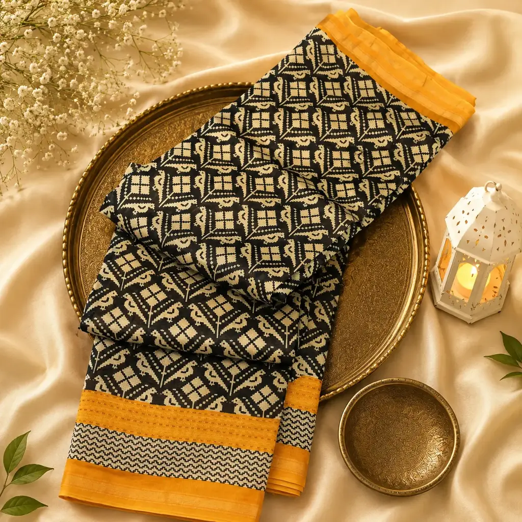 Black & Mustard Geometric Printed Saree with Contrast Border