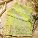 Elegant Lime Green Linen Silk Saree with Gold Zari Border & Tassels