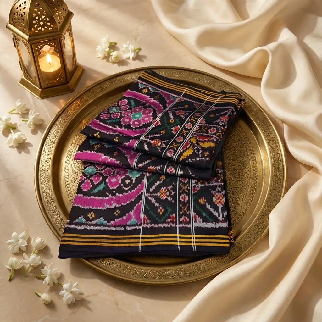 Black Pure Silk Patola Saree with Zari Border
