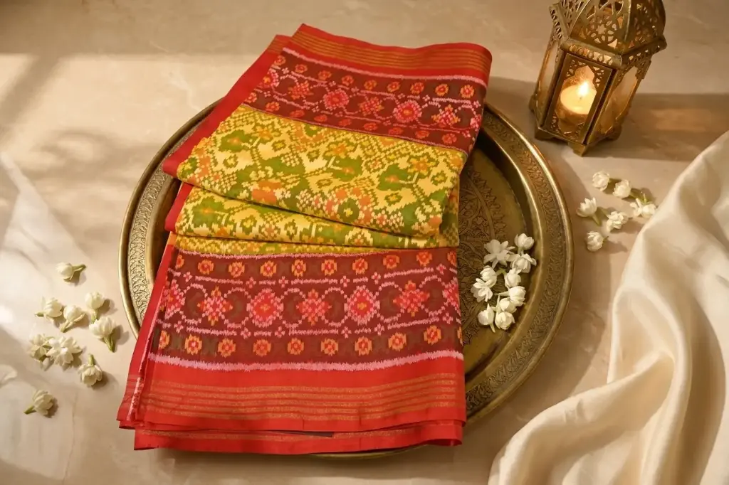Yellow and Red Pure Silk Patola Ikat Saree