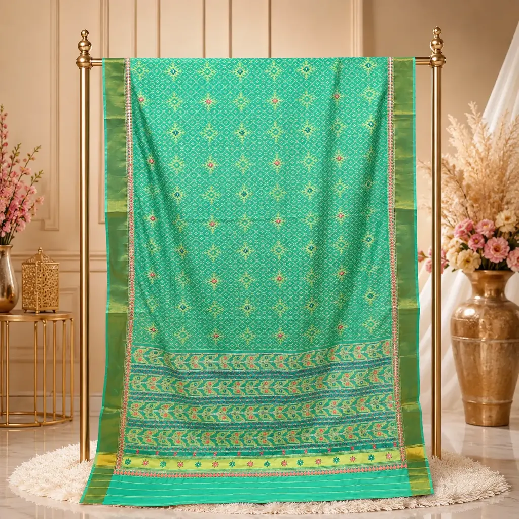 Turquoise Green Patola Saree with Pink Floral Accents and Geometric Border