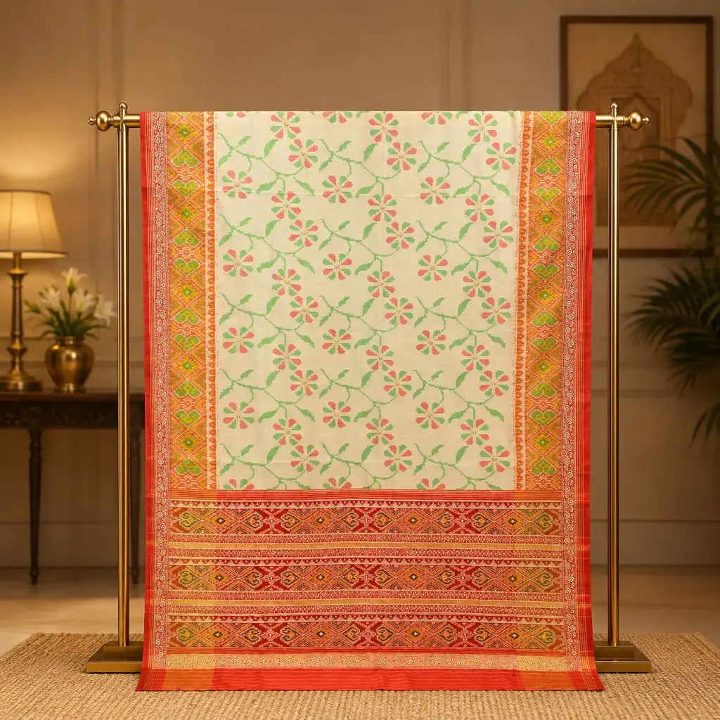 Cream Floral Printed Saree with Red Traditional Border