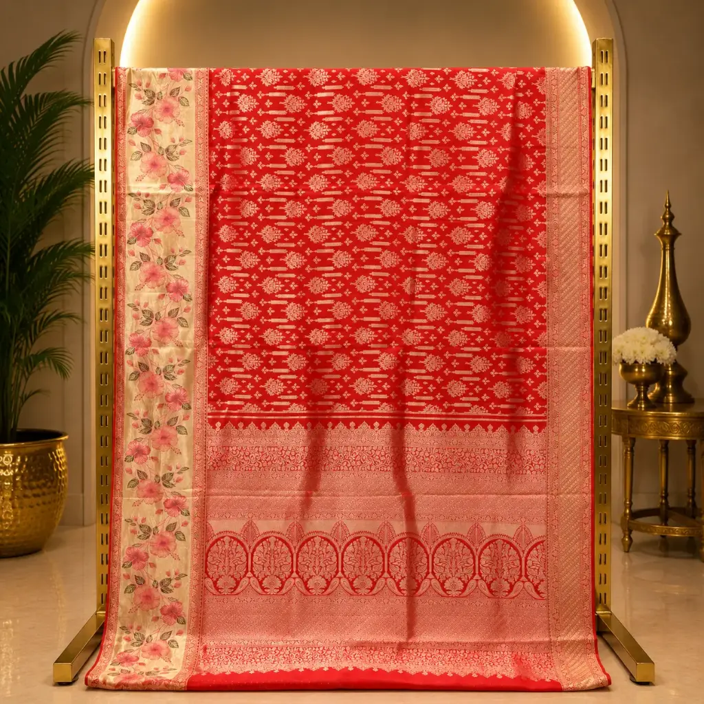 Elegant Red Woven Saree with Floral Border and Ornate Pallu 