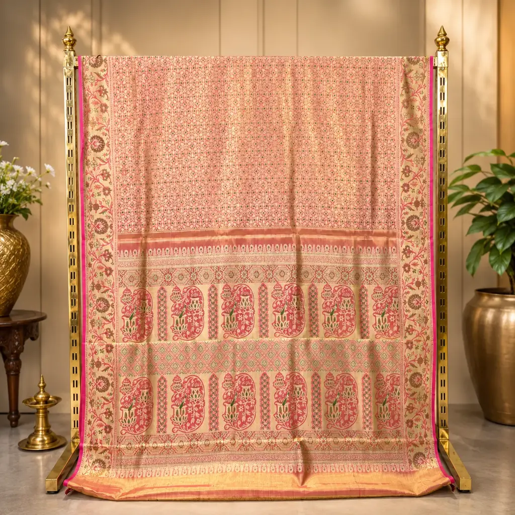Elegant Peach Gold Saree with Floral Vine Border