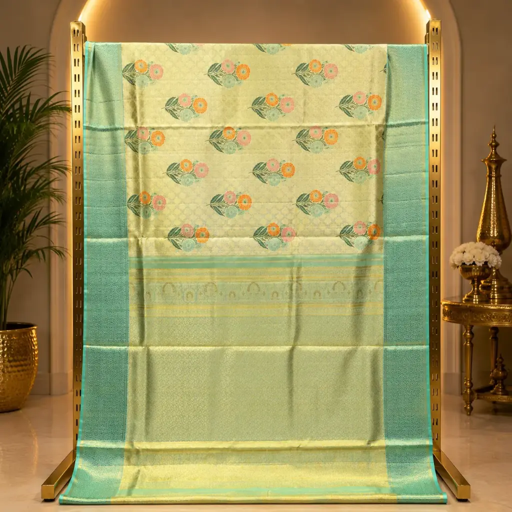 Elegant Mint Green Floral Woven Saree with Pastel Blooms and Golden Pallu