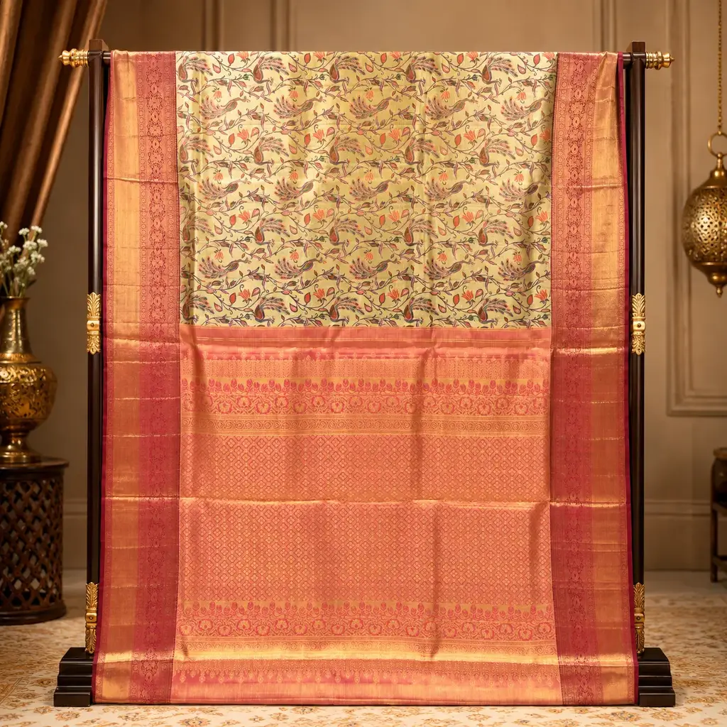 Elegant Cream Saree with Multicolour Peacock Floral Design and Maroon Gold Border