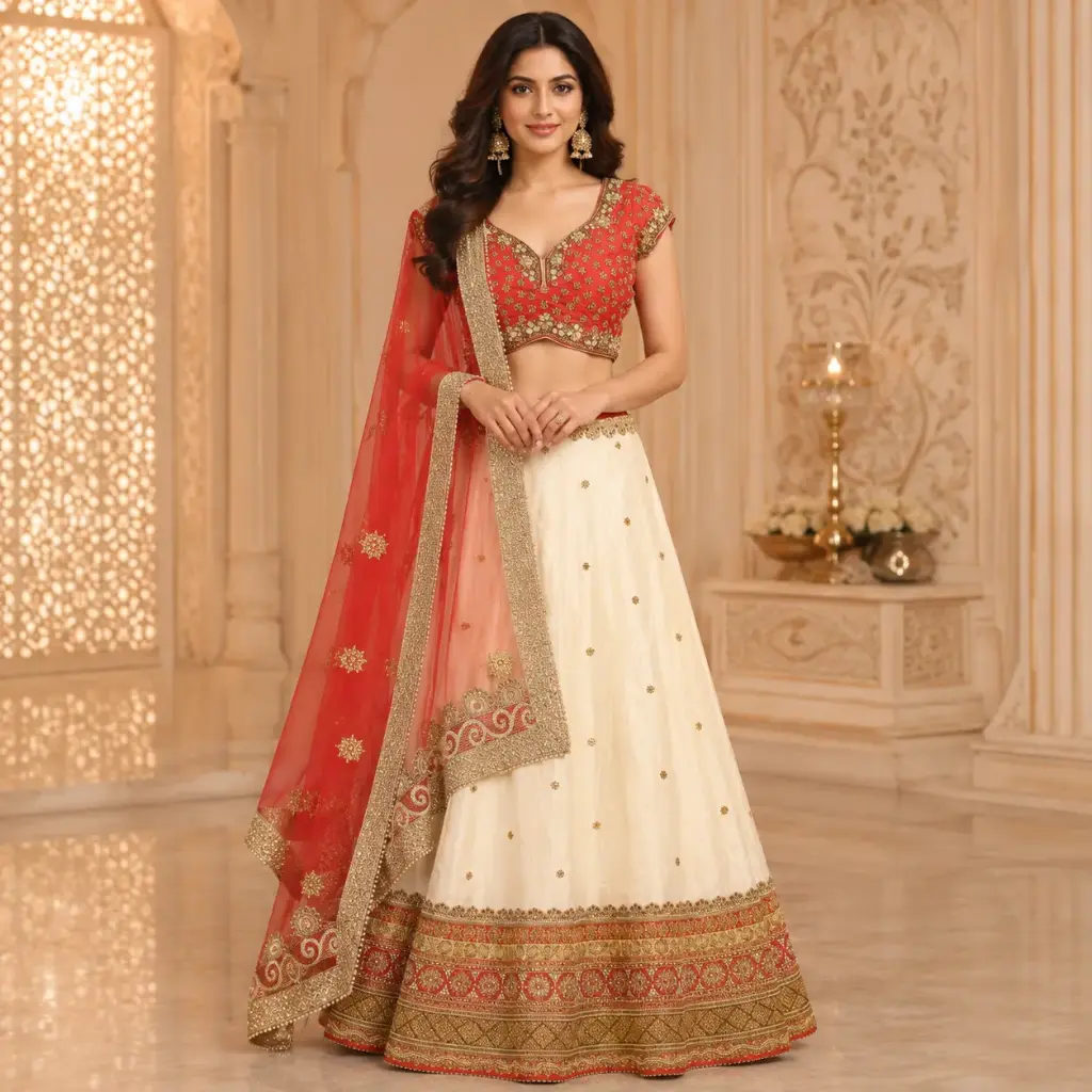 Women's Ivory Red Embroidered Lehenga Choli with Net Dupatta for Wedding and Festive Party Wear Set