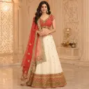 Women's Ivory Red Embroidered Lehenga Choli with Net Dupatta for Wedding and Festive Party Wear Set