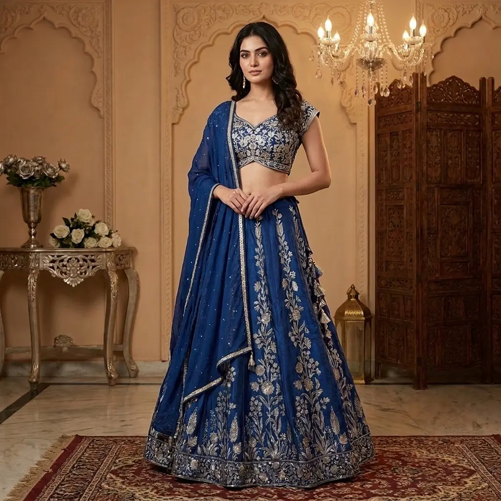 Royal Blue Zari Embroidered Silk Lehenga Choli Set