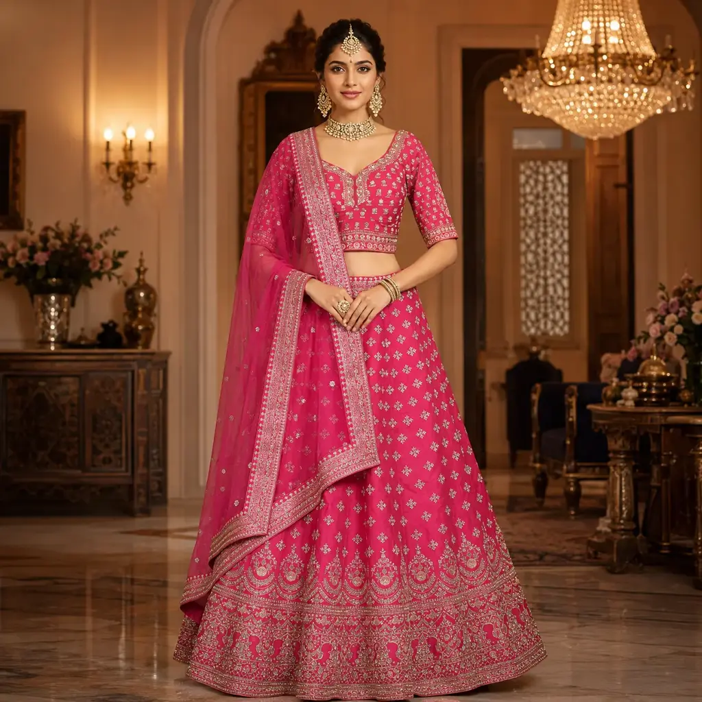 Women's Rani Pink Embroidered Lehenga Choli with Net Dupatta