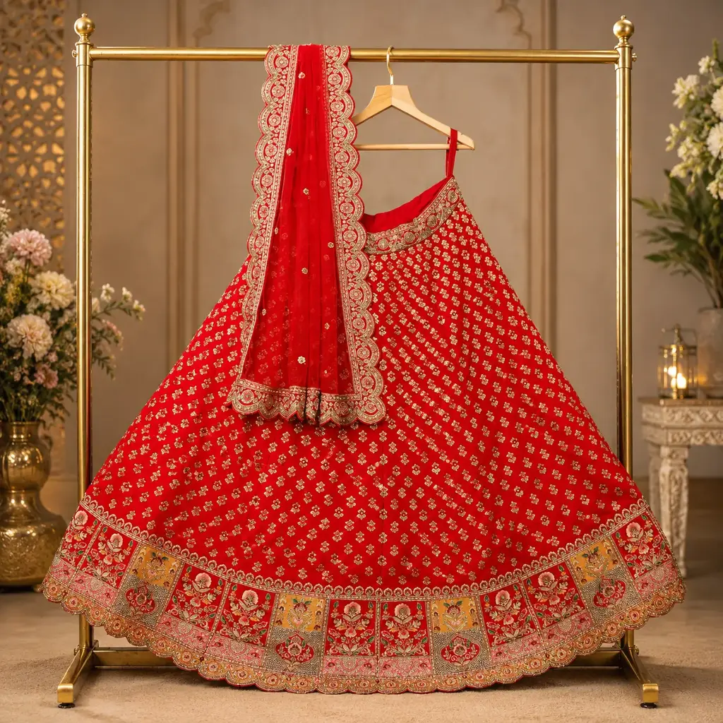 Women's Red Bridal Lehenga Choli with Gold Embroidery and Matching Net Dupatta