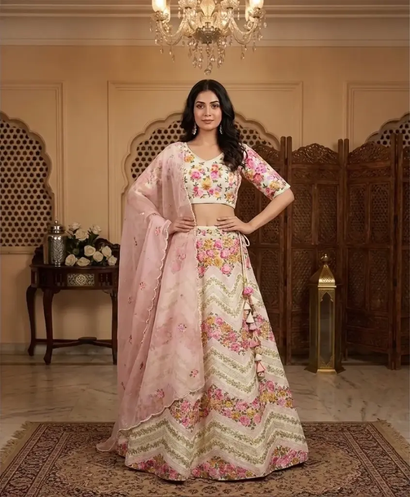 Off-White Floral Embroidered Silk Lehenga Choli Set 