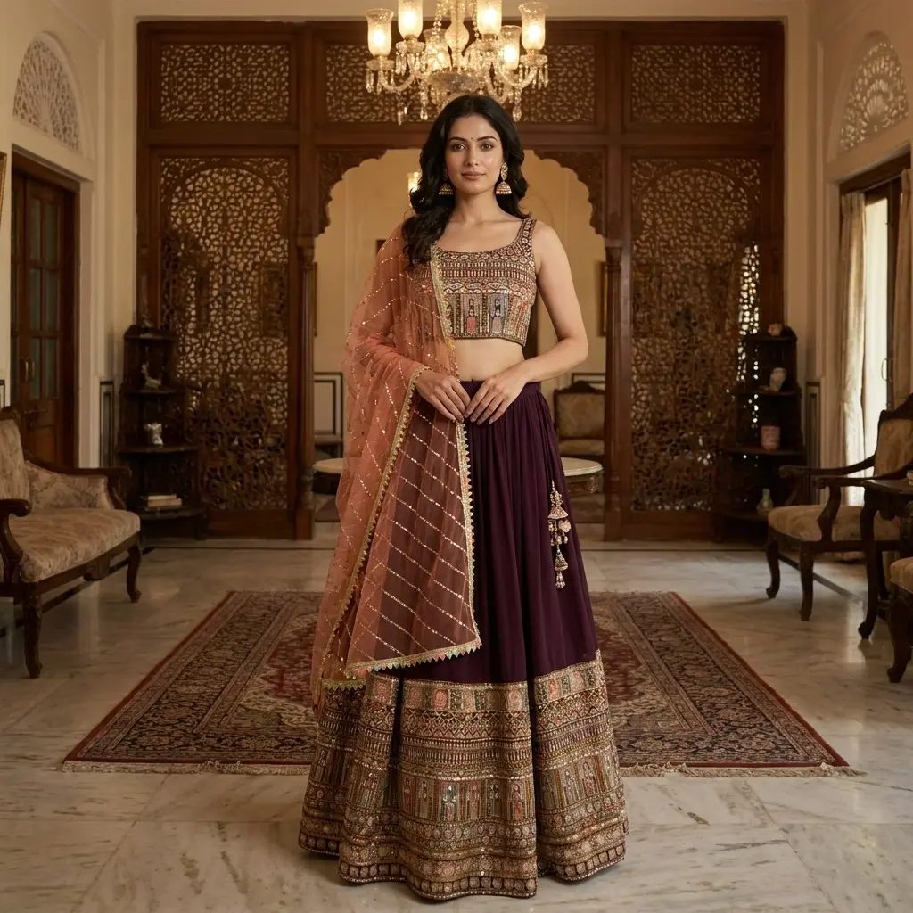 Wine Georgette Embroidered Lehenga Set with Peach Net Dupatta