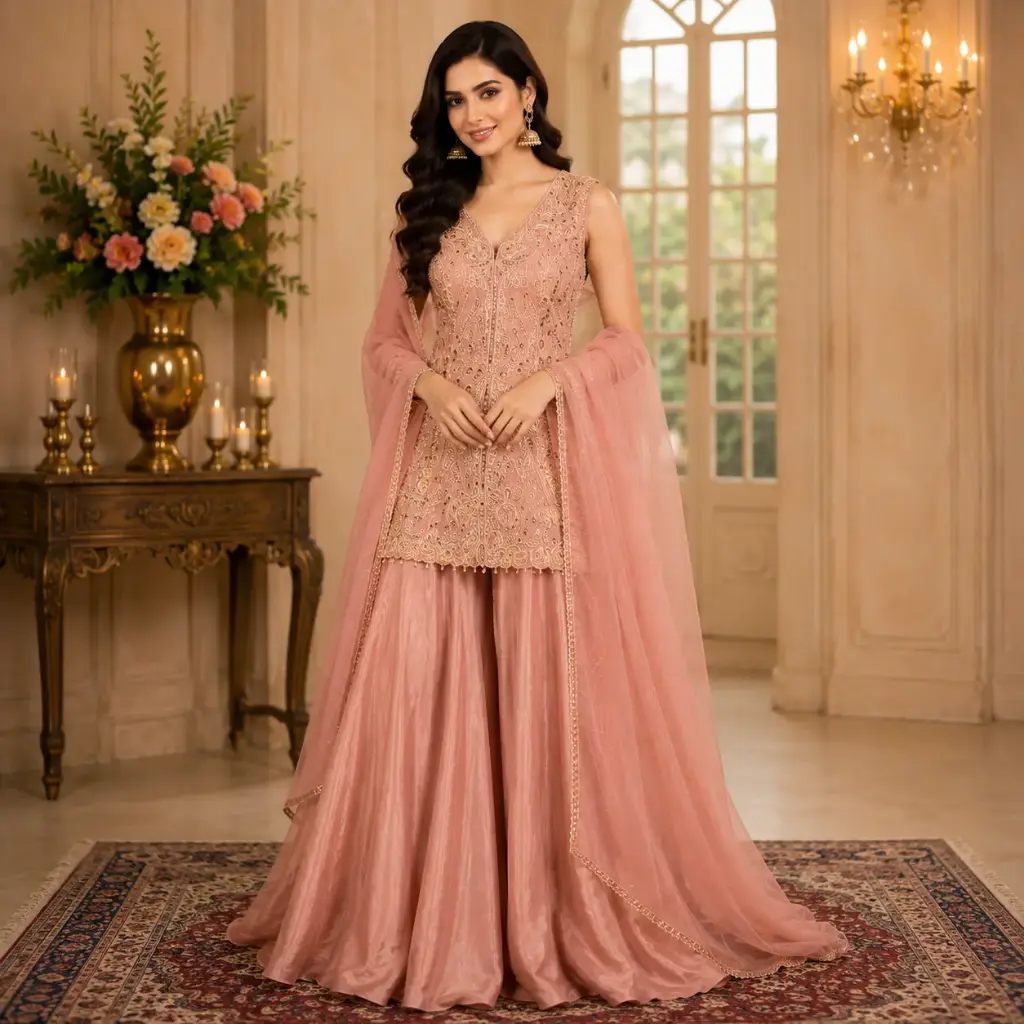 Women’s Blush Pink Embroidered Palazzo Suit Set with Dupatta