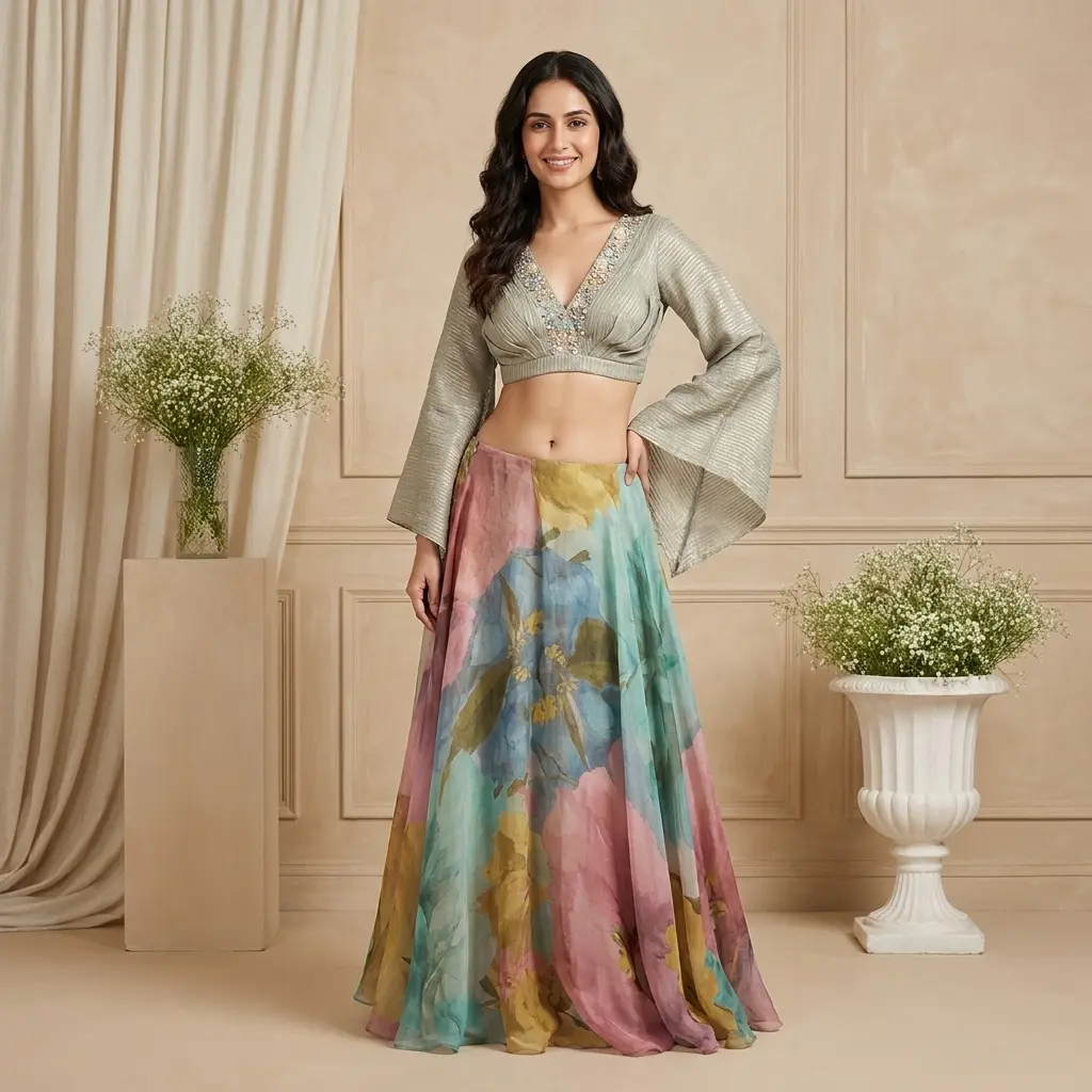 Pastel Printed Skirt and Bell Sleeve Embroidered Crop Top Set