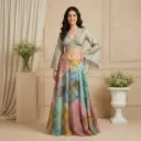 Pastel Printed Skirt and Bell Sleeve Embroidered Crop Top Set