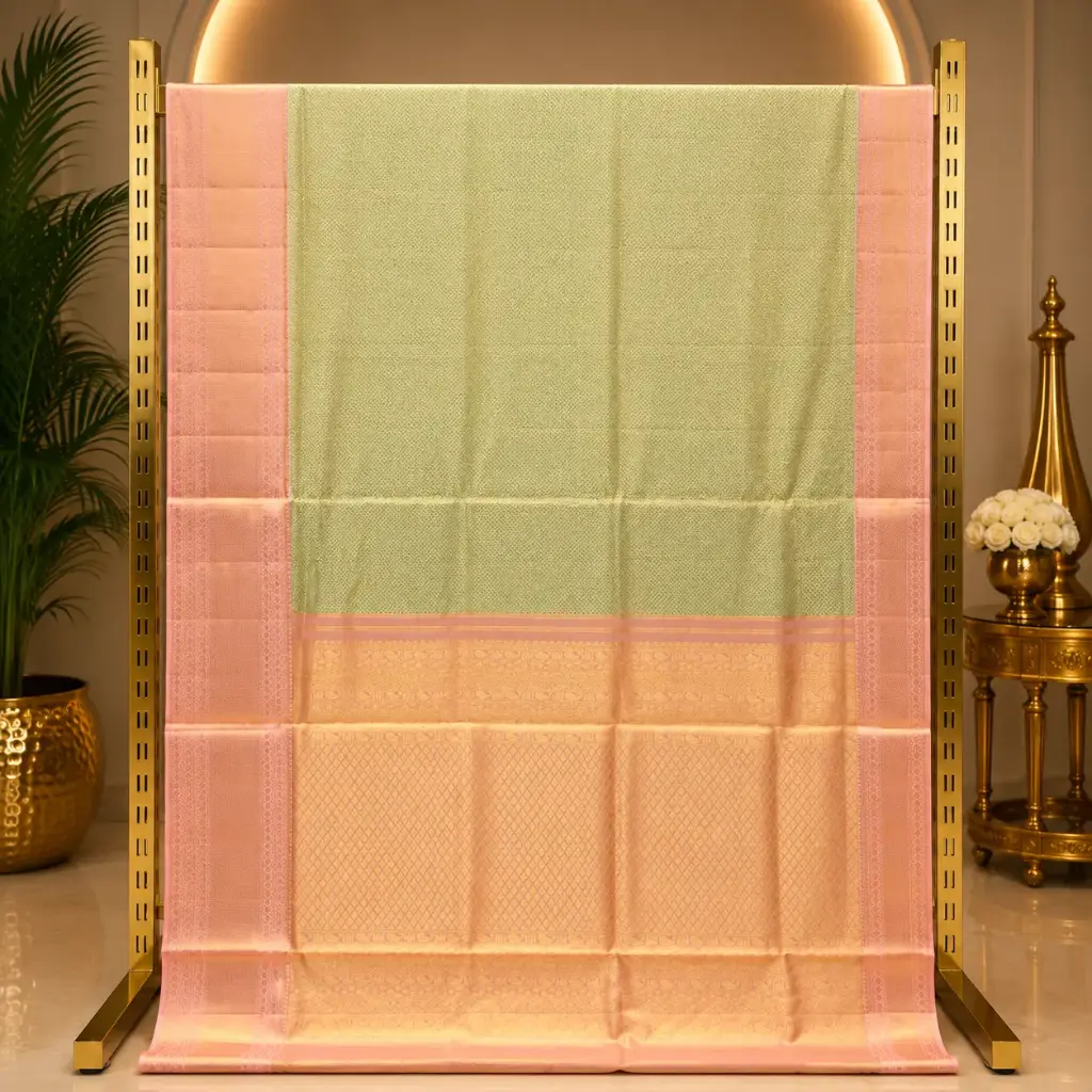Elegant Sage Green Saree with Peach Gold Border and Ornate Woven Pallu