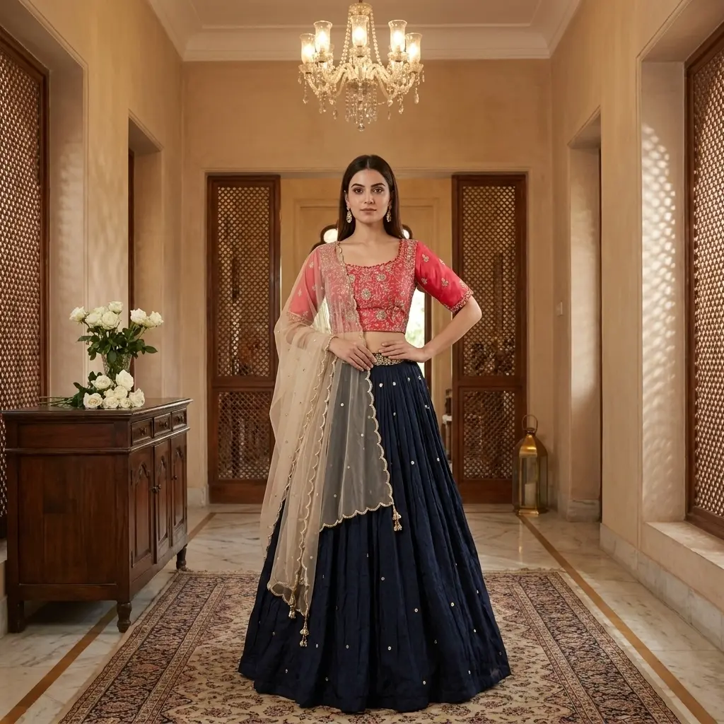 Navy Blue and Coral Embroidered Silk Lehenga Choli Set