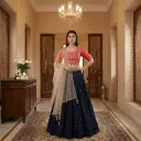Navy Blue and Coral Embroidered Silk Lehenga Choli Set