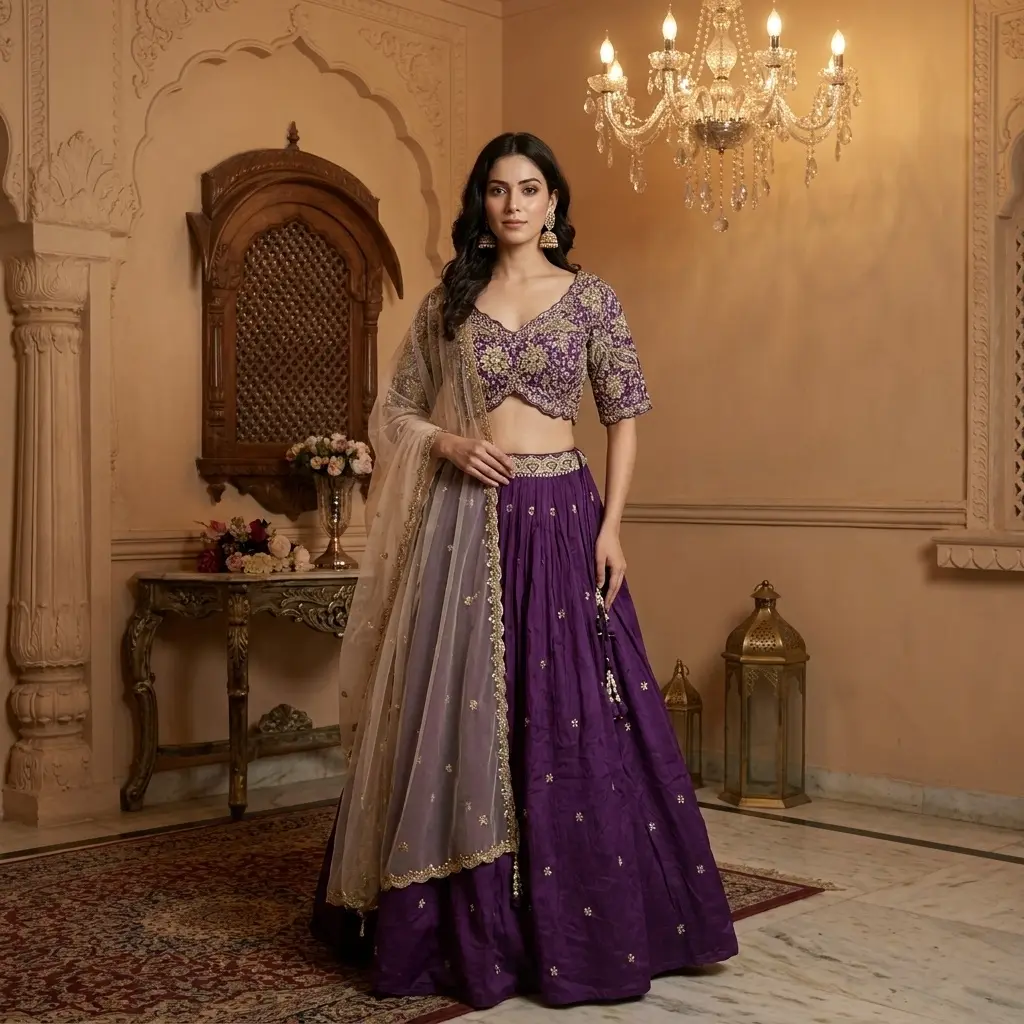 Royal Purple Zardozi Embroidered Silk Lehenga Choli Set