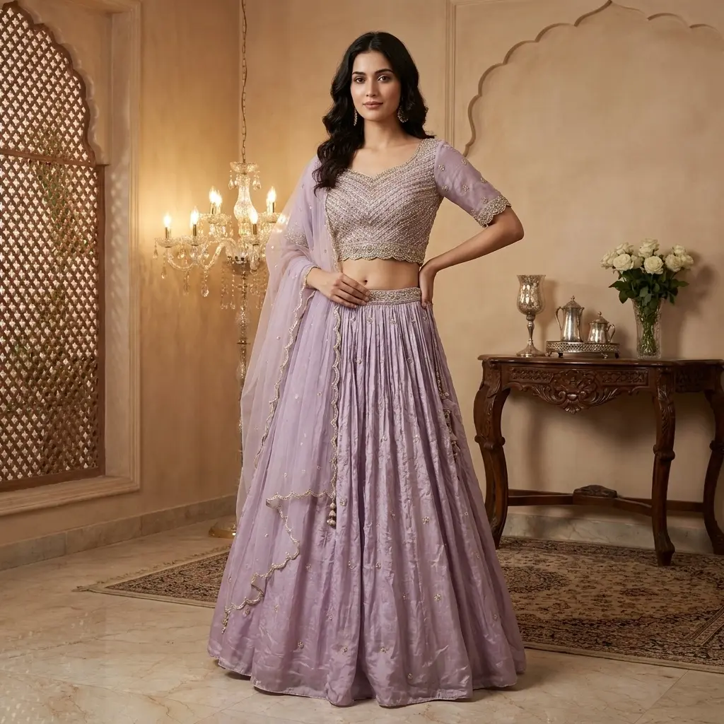 Lilac Zari and Cutdana Embroidered Blouse with Crinkle Lehenga Set